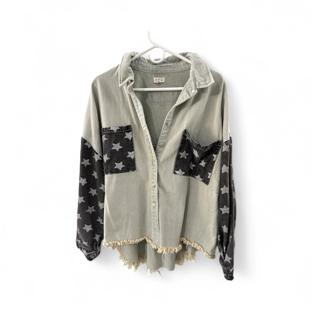 POL Two-Tone Star Sleeve Jean Jacket in Light Sage and Charcoal
